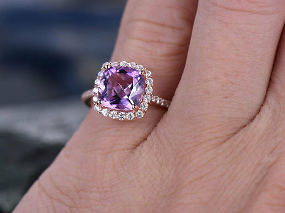 2.3Ct Cushion Purple Amethyst Halo Solitaire Engagement Ring 18K Rose Gold Over