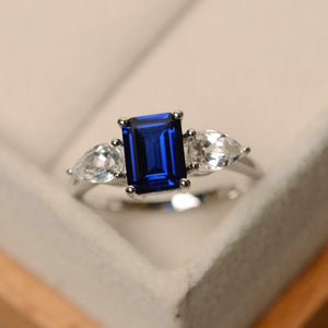 2ct Emerald Cut Blue Sapphire Pear Accents Trilogy Ring 14k White Gold Finish