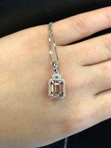 1.7ct Emerald Cut Peach Morganite Halo Pendant 14k White Gold Finish NO CHAIN