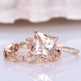 2ct Princess Cut Peach Morganite Bridal Set Engagement Ring 14k Rose Gold Finish