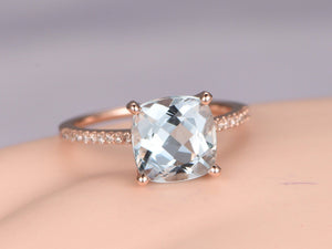 1ct Cushion Cut Blue Aquamarine Solitaire Engagement Ring 14k Rose Gold Finish