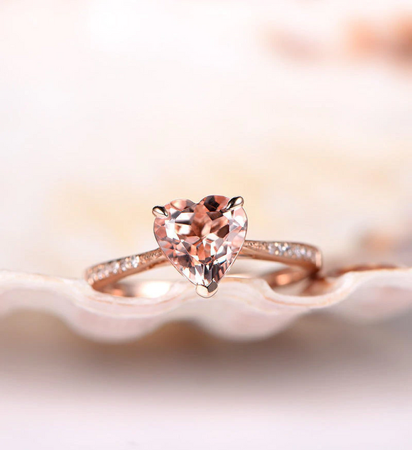 1ct Heart Cut Peach Morganite Engagement Ring Diamond Accents 14k Rose Gold Over