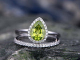 2Ct Pear Cut Green Peridot Bridal Set Halo Engagement Ring 14K White Gold Finish