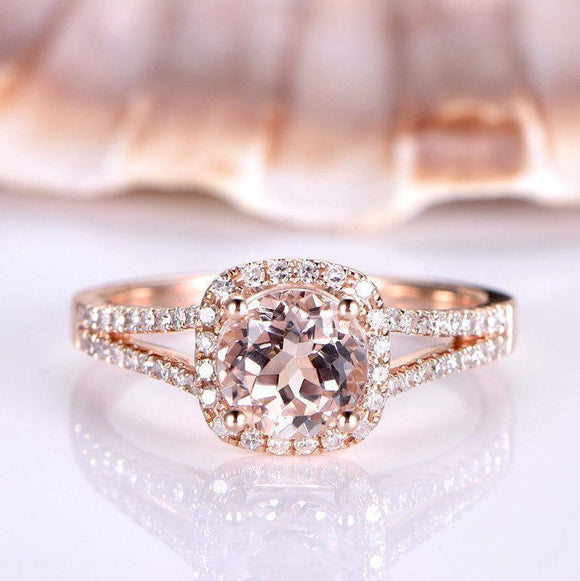 1.5ct Round Cut Peach Morganite Split Shank Engagement Ring 14k Rose Gold Finish