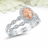 2.5ct Oval Peach Morganite Engagement Ring Bridal Set Halo 14k White Gold Finish