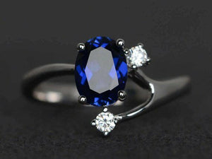 1.7ct Oval Cut Blue Sapphire Engagement Ring 14k WhiteGold Finish Unique Trilogy