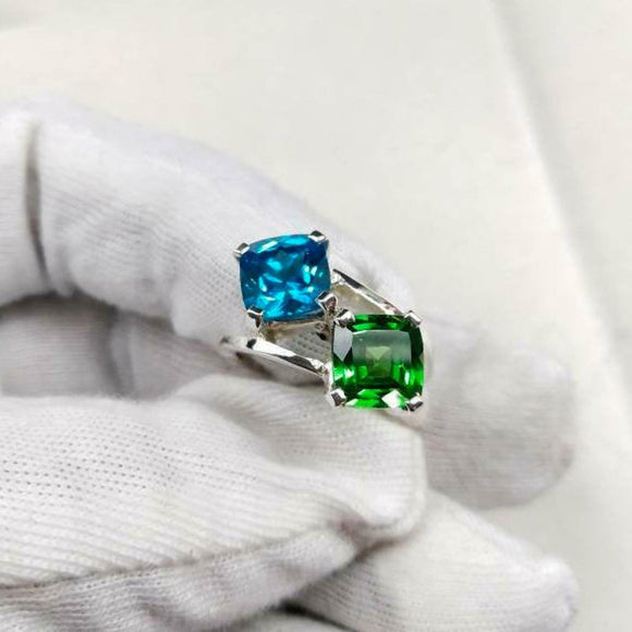 2ct Engagement Ring Cushion Green Emerald Two Stone Bypass 14k White Gold Finish