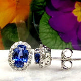 1.45ct Oval Cut Blue Sapphire Diamond Halo Stud Earrings 14k White Gold Finish