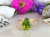 2.1ct Pear Cut Green Peridot Round Diamond Accent Ring 14k Yellow Gold Finish