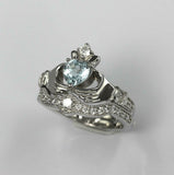 2ct Heart Blue Aquamarine Engagement Ring Claddagh Bridal Set 14k WhiteGold Over