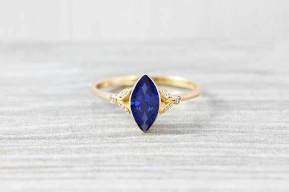 0.5ct Marquise Cut Blue Sapphire Floral Leaf Design Ring 14k Yellow Gold Finish