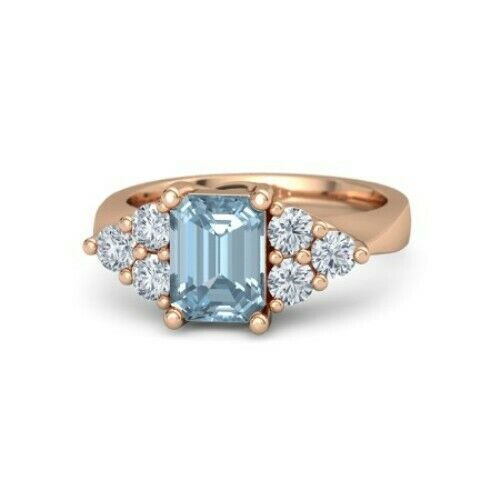 4Ct Emerald Cut Aquamarine Diamond Accents Engagement Ring 14K Rose Gold Finish