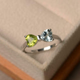 1.2ct Engagement Ring Heart Cut Peridot & Aquamarine Bow Knot 14k WhiteGold Over