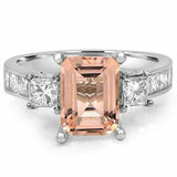 4Ct Emerald Cut Morganite Engagement Ring 14K White Gold Finish Princess Accents