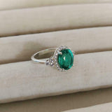 2.3ct Engagement Ring Oval Green Emerald Round Accent Halo 14k White Gold Finish