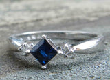 1ct Engagement Ring Princess Cut Blue Sapphire Three Stone 14k White Gold Finish