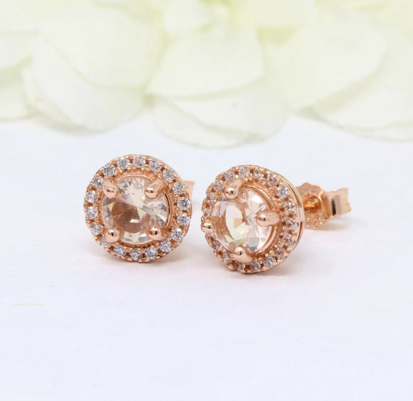 2Ct Round Cut Peach Morganite Diamond Halo Stud Earrings 14K Rose Gold Finish