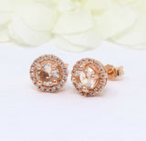 2Ct Round Cut Peach Morganite Diamond Halo Stud Earrings 14K Rose Gold Finish