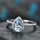 1.7Ct Pear Blue Aquamarine Halo Solitaire Engagement Ring 14K White Gold Finish