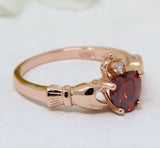 1.1Ct Heart Cut Red Garnet Claddagh Ring Irish Engagement 14K Rose Gold Finish