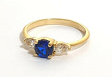 1ct Round Blue Sapphire Engagement Ring Pear Accent Trilogy 14k Yellow Gold Over