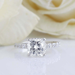 2ct Cushion Diamond Engagement Ring Round Accents Solitaire 14k White Gold Over