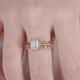 Milgrain Halo Trio Set Engagement Ring 2ct Emerald Cut Diamond 14k RoseGold Over