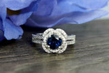 2ct Round Blue Sapphire Engagement Ring Diamond Halo Floral 14k White Gold Over