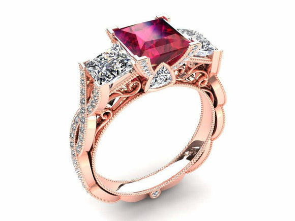 3ct Princess Cut Pink Ruby Engagement Ring Trilogy Cocktail 14k Rose Gold Finish