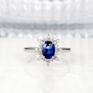 2ct Oval Blue Sapphire Engagement Ring Diamond Halo Flower 14k White Gold Finish