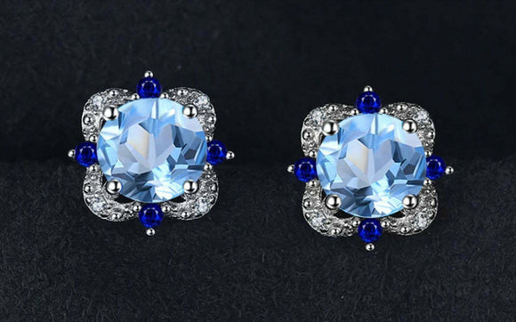 2.3ct Stud Earrings Round Cut Blue Aquamarine Stylish Floral 14k White Gold Over