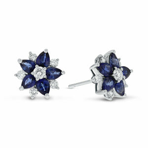 2.6ct Stud Earrings Pear Cut Blue Sapphire Floral Cluster 14k White Gold Finish