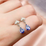 2ct Drop Earrings Pear Cut Blue Tanzanite Dangling Cluster 14k White Gold Finish