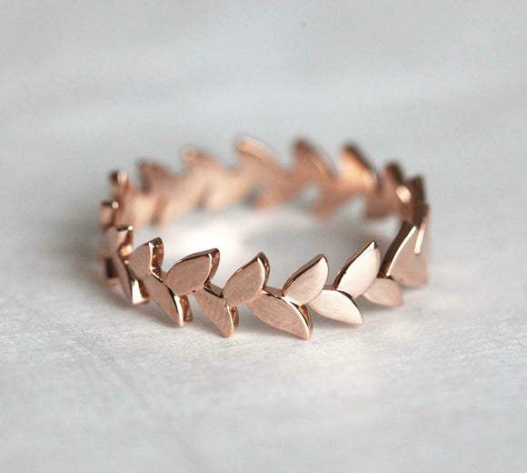 Simple Wedding Ring Leaf Band 14k Rose Gold Finish