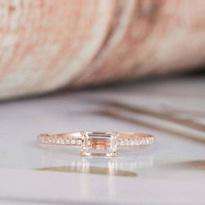 1ct Emerald Cut Peach Morganite Accents with Solitaire Ring 14k Rose Gold Finish