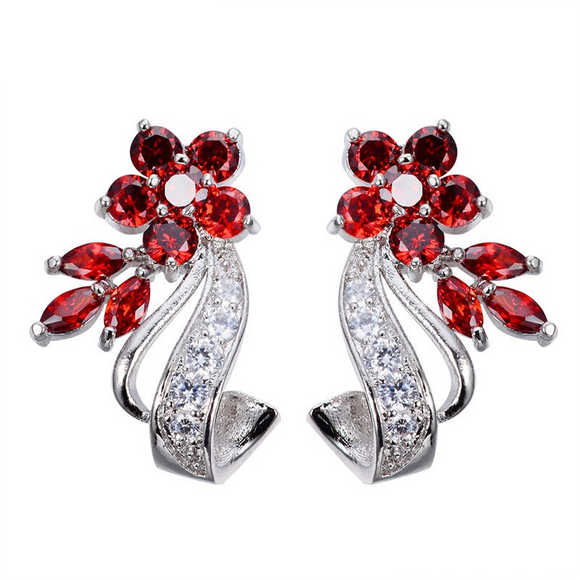 2ct Round Cut Red Garnet Unique Flower Design Drop Earrings 14k White Gold Over