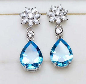 2.5ct Drop Earrings Pear Cut Blue Topaz Tear Floral 14k White Gold Finish