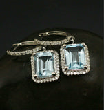 5Ct Emerald Cut Blue Aquamarine Diamond Halo Drop Earrings 14K White Gold Finish