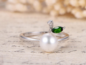 0.3ct Marquise Cut Green Emerald Pearl Leaf Design Ring 14k White Gold Finish