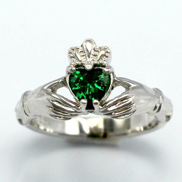 1ct Heart Cut Green Emerald Engagement Ring Claddagh Irish 14k White Gold Finish