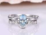 1.3ct Oval Cut Blue Aquamarine Bridal Set Engagement Ring 14k White Gold Finish