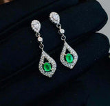 2.3ct Drop Earrings Oval Cut Green Emerald Dangling Halo 14k White Gold Finish