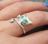 0.5ct Engagement Ring Round Cut Green Emerald Cat Kitten 14k White Gold Finish