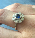 2.8ct Round Cut Blue Sapphire Diamond Halo Cluster Ring 14k White Gold Finish