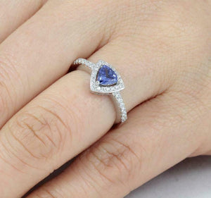 2ct Trillion Cut Blue Tanzanite Engagement Ring Halo Diamond 14k White Gold Over