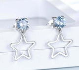 1ct Round Cut Blue Topaz Star Design Dangle Drop Earrings 14k White Gold Finish