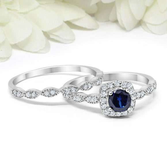 2ct Round Blue Sapphire Engagement Ring Art Deco Bridal Set 14k White Gold Over