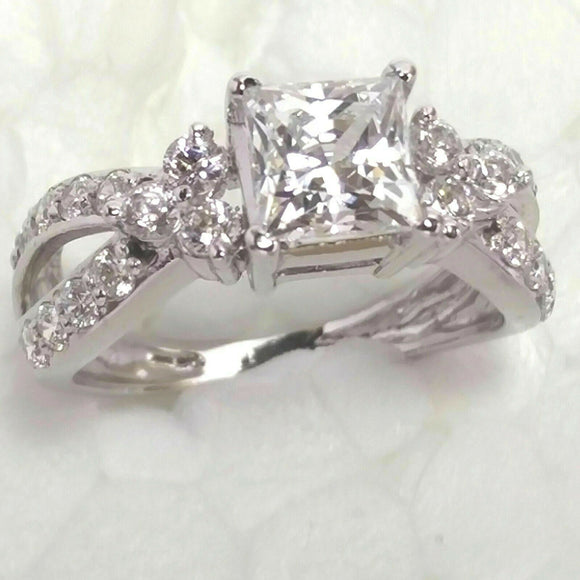 3Ct Princess Cut Diamond Accent Split Band Engagement Ring 14K White Gold Finish