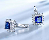 2.3ct Drop Earrings Princess Cut Blue Sapphire Halo Floral 14k White Gold Finish