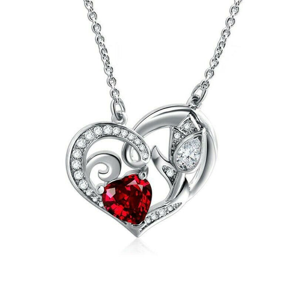 2Ct Heart Cut Red Garnet Diamond Floral Pendant 14K White Gold Finish WITH CHAIN